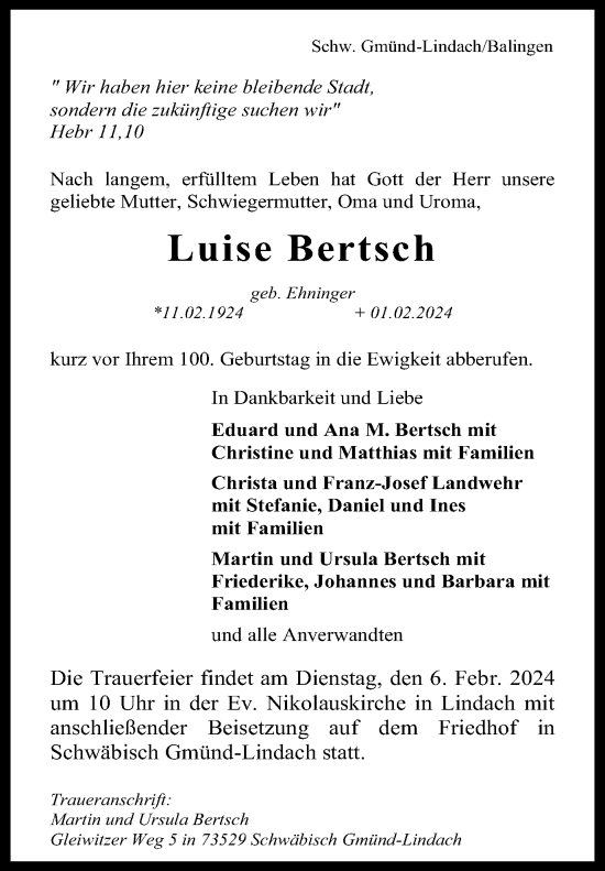 Traueranzeige von Luise Bertsch von Gmünder Tagespost