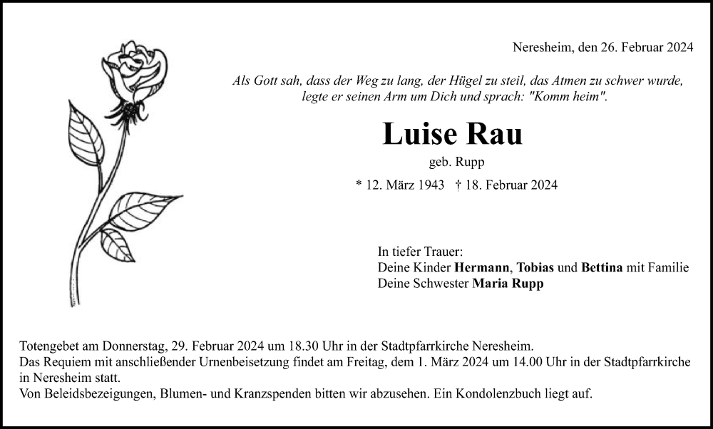  Traueranzeige für Luise Rau vom 26.02.2024 aus Schwäbische Post