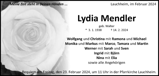 Traueranzeige von Lydia Mendler von Schwäbische Post