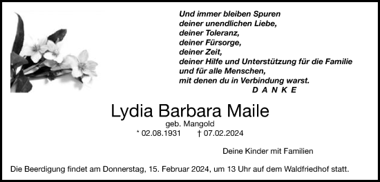 Traueranzeige von Lydia Barbara Maile von Schwäbische Post
