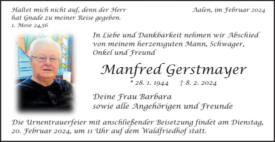 Traueranzeige von Manfred Gerstmayer von Schwäbische Post