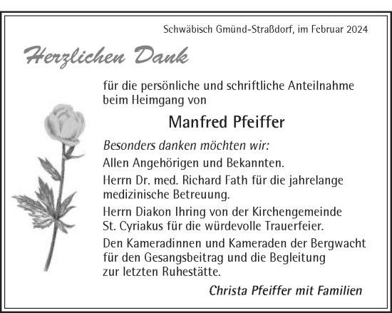 Traueranzeige von Manfred Pfeiffer von Gmünder Tagespost