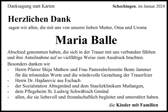 Traueranzeige von Maria Balle von Gmünder Tagespost