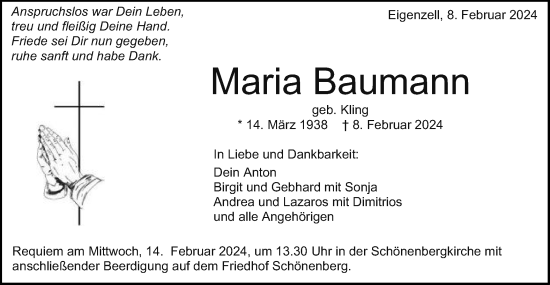 Traueranzeige von Maria Baumann