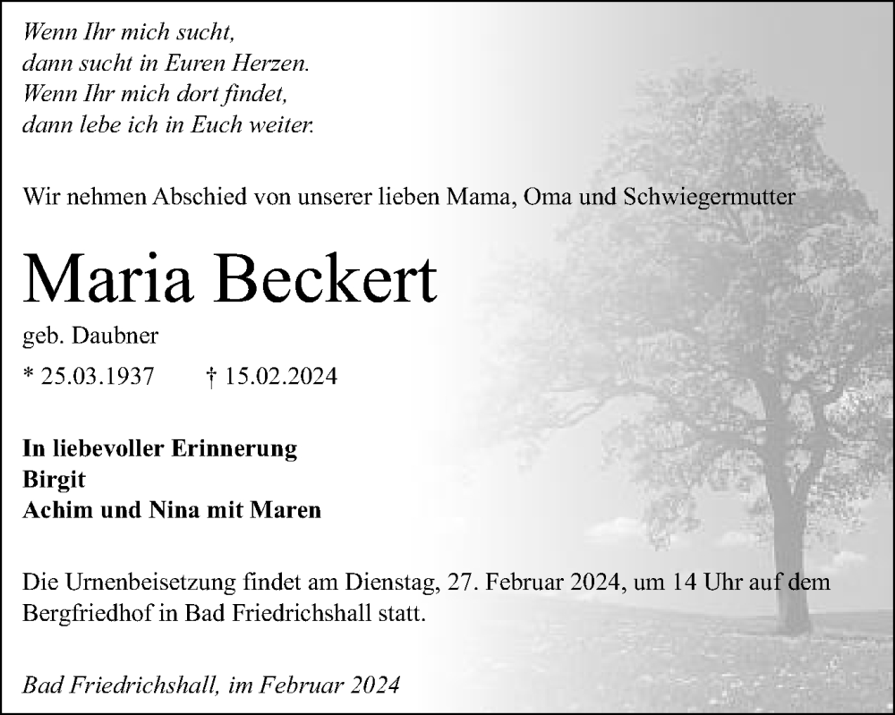  Traueranzeige für Maria Beckert vom 24.02.2024 aus Gmünder Tagespost