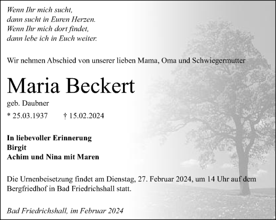 Traueranzeige von Maria Beckert von Gmünder Tagespost