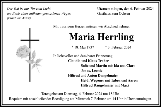 Traueranzeige von Maria Herrling von Schwäbische Post