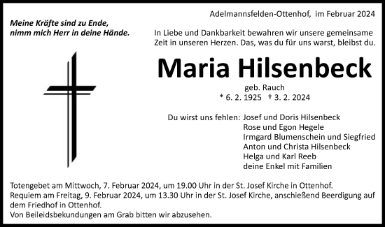 Traueranzeige von Maria Hilsenbeck von Schwäbische Post