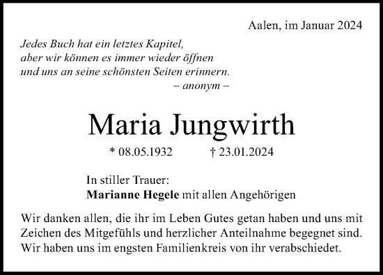 Traueranzeige von Maria Jungwirth von Schwäbische Post