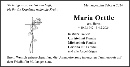 Traueranzeige von Maria Oettle von Gmünder Tagespost