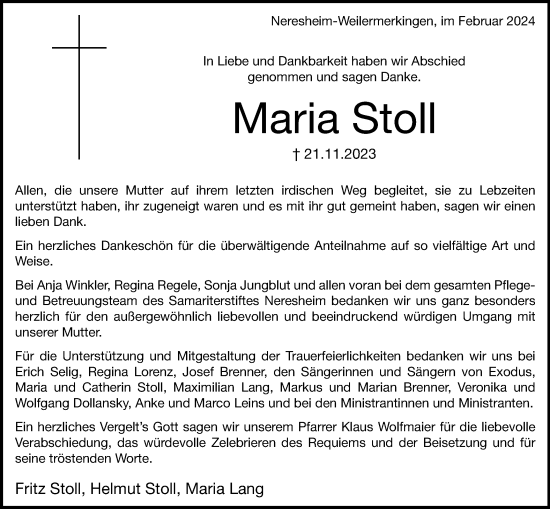 Traueranzeige von Maria Stoll von Schwäbische Post