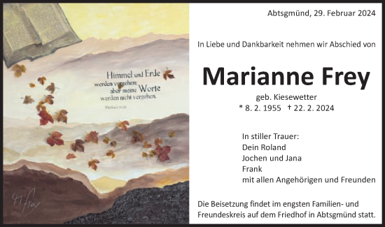 Traueranzeige von Marianne Frey von Schwäbische Post