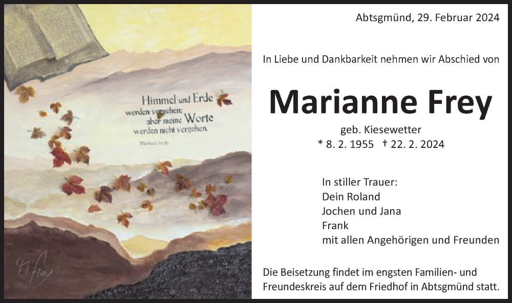  Traueranzeige für Marianne Frey vom 29.02.2024 aus Schwäbische Post