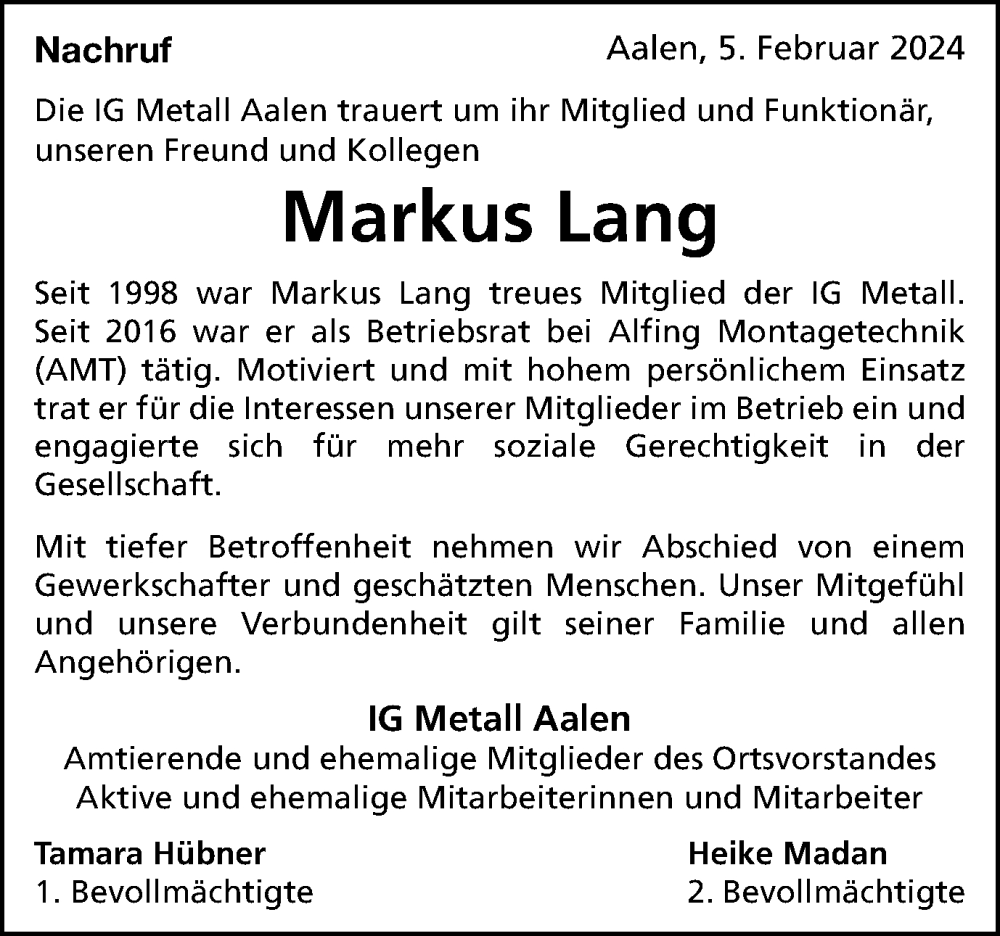 Traueranzeige für Markus Lang vom 10.02.2024 aus Schwäbische Post