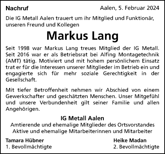 Traueranzeige von Markus Lang von Schwäbische Post