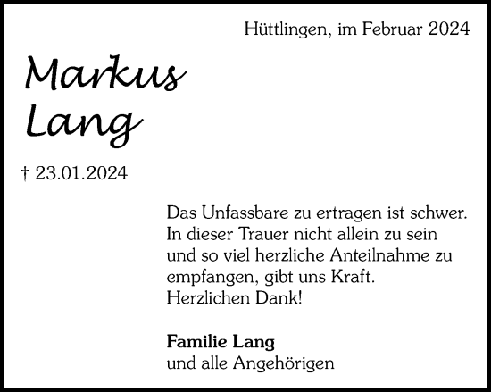 Traueranzeige von Markus Lang von Schwäbische Post