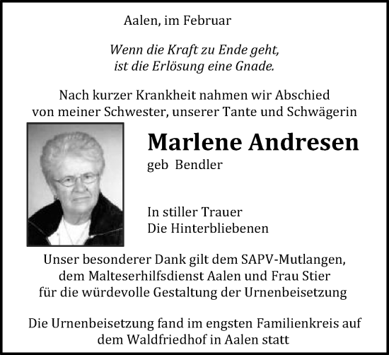 Traueranzeige von Marlene Andresen von Schwäbische Post