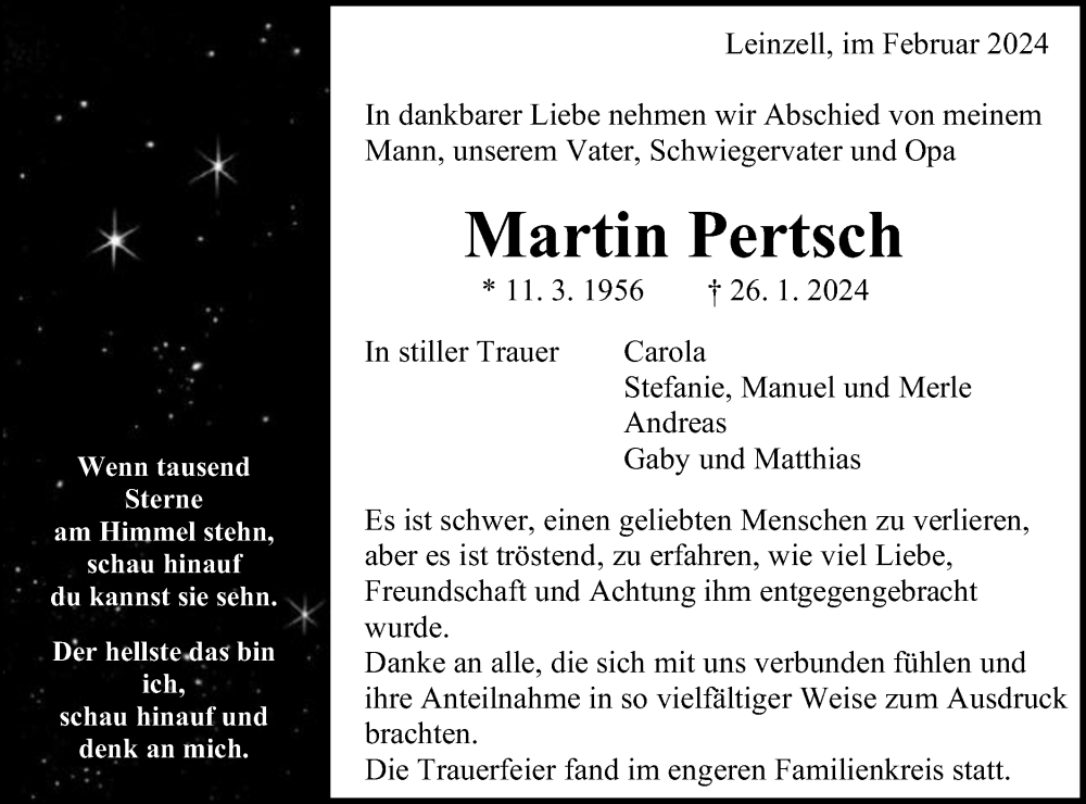  Traueranzeige für Martin Pertsch vom 07.02.2024 aus Gmünder Tagespost