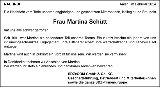 Traueranzeige von Martina Schütt von Schwäbische Post
