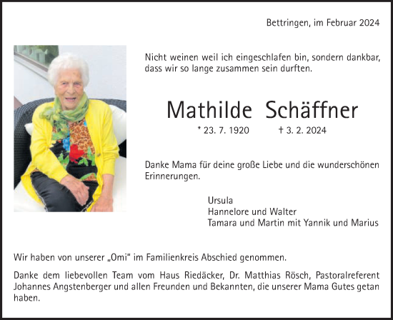 Traueranzeige von Mathilde Schäffner