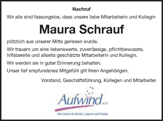 Traueranzeige von Maura Schrauf von Schwäbische Post