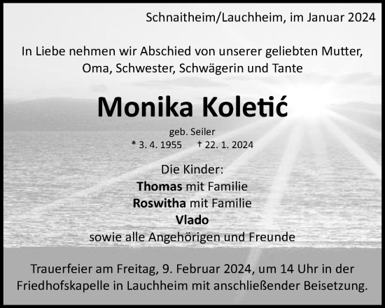 Traueranzeige von Monika Koletic von Schwäbische Post