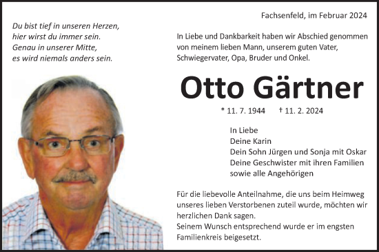 Traueranzeige von Otto Gärtner von Schwäbische Post