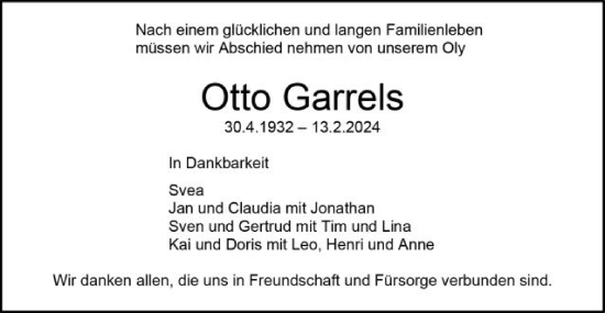 Traueranzeige von Otto Garrels von Schwäbische Post