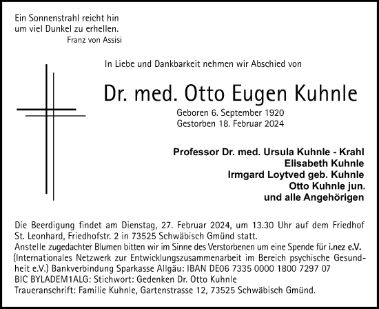 Traueranzeige von Otto  Kuhnle