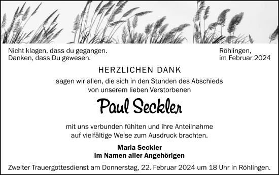 Traueranzeige von Paul Seckler von Schwäbische Post
