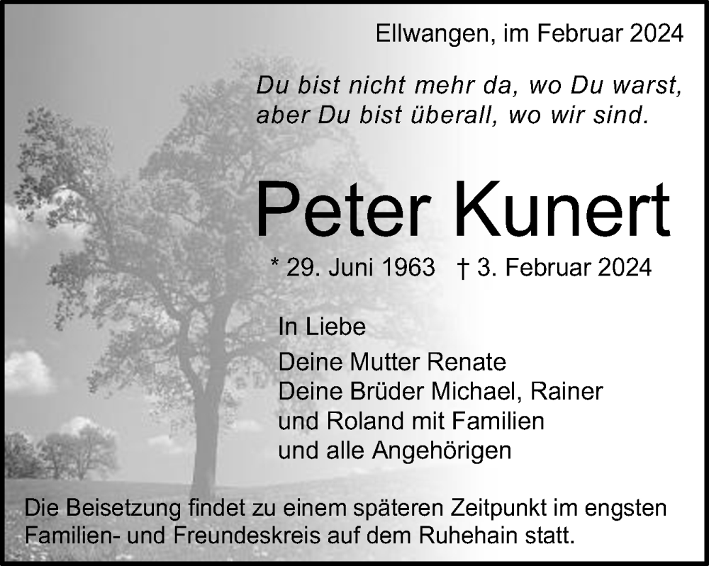  Traueranzeige für Peter Kunert vom 08.02.2024 aus Schwäbische Post