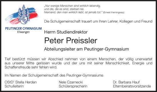 Traueranzeige von Peter Preissler von Schwäbische Post