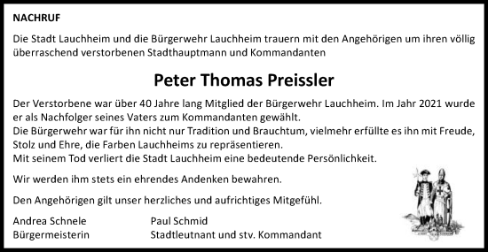 Traueranzeige von Peter Thomas Preissler von Schwäbische Post