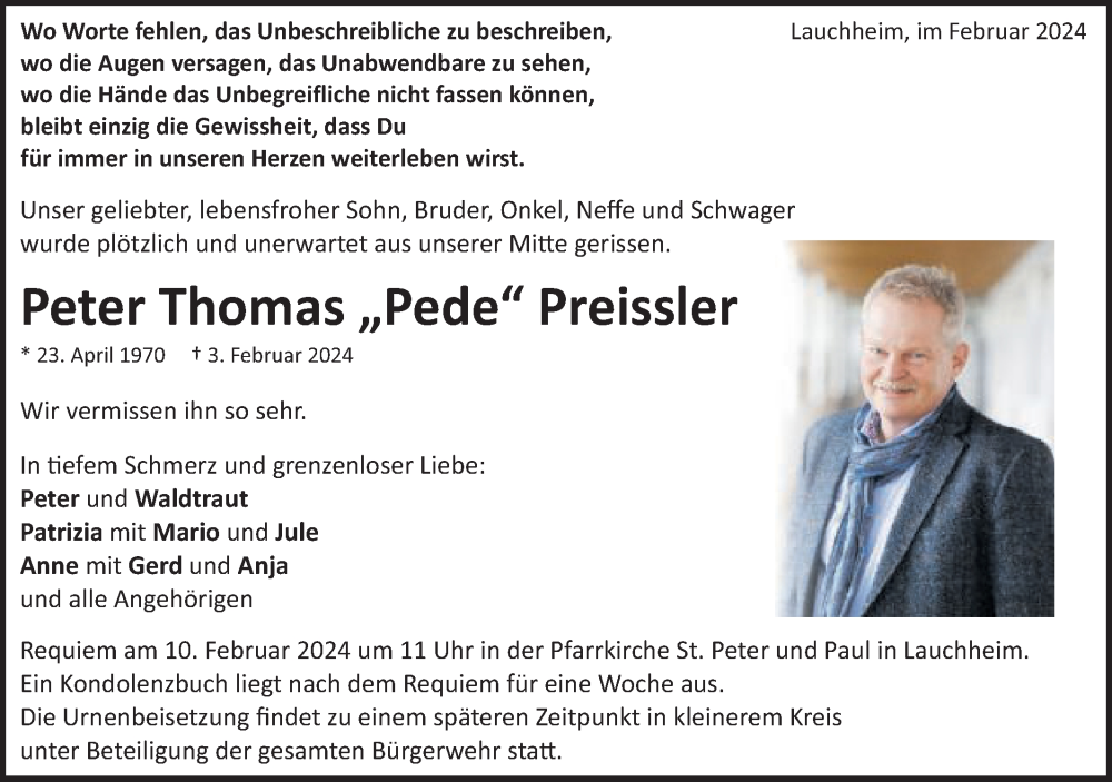  Traueranzeige für Peter Thomas Preissler vom 07.02.2024 aus Schwäbische Post