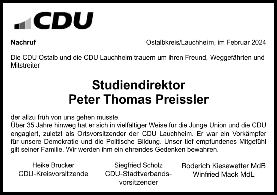 Traueranzeige von Peter Thomas Preissler von Schwäbische Post