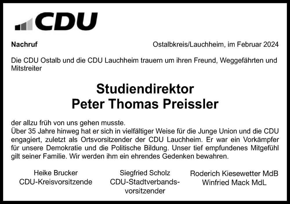  Traueranzeige für Peter Thomas Preissler vom 10.02.2024 aus Schwäbische Post