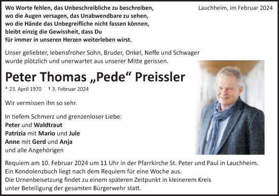 Traueranzeige von Peter Thomas Preissler von Schwäbische Post