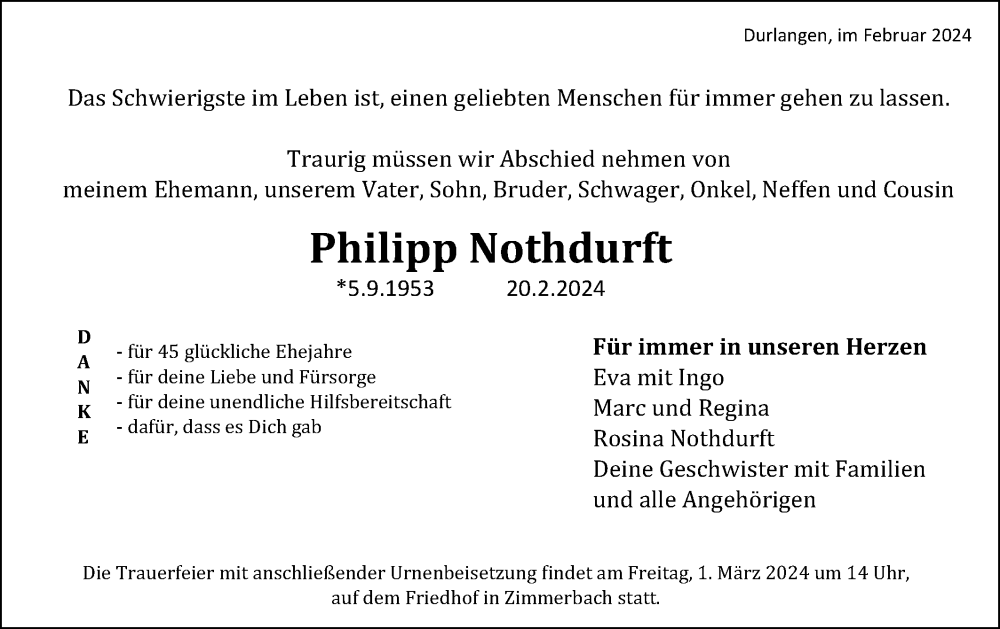  Traueranzeige für Philipp Nothdurft vom 27.02.2024 aus Gmünder Tagespost
