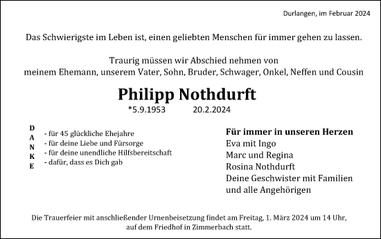 Traueranzeige von Philipp Nothdurft von Gmünder Tagespost