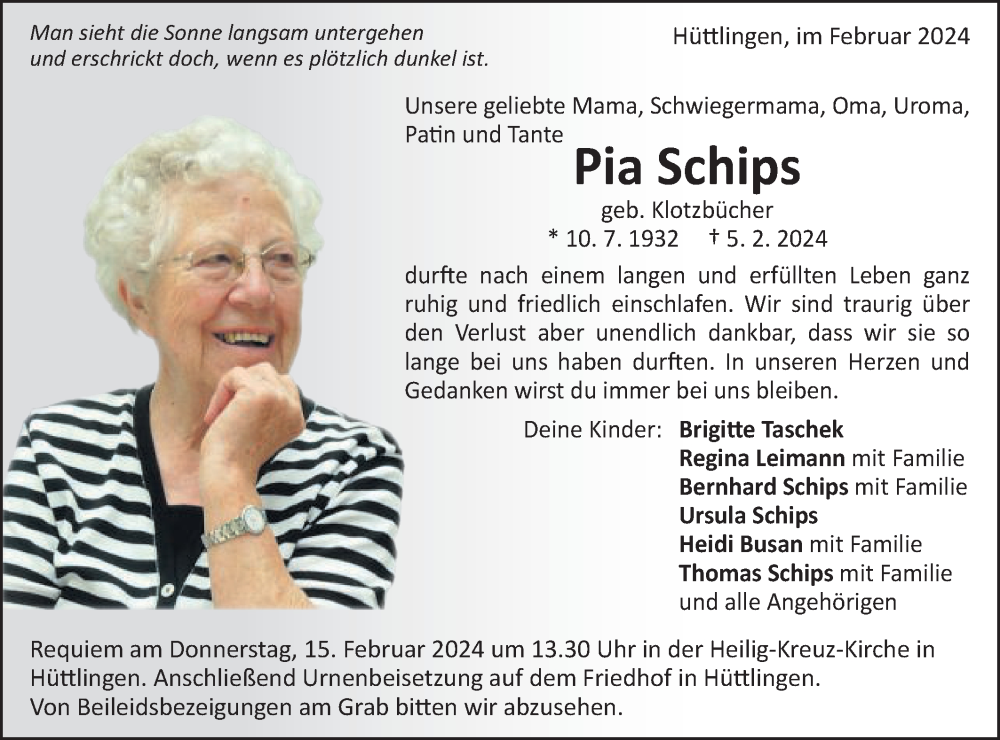  Traueranzeige für Pia Schips vom 13.02.2024 aus Schwäbische Post