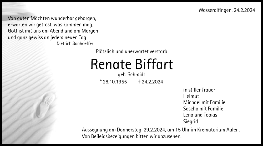  Traueranzeige für Renate Biffart vom 27.02.2024 aus Schwäbische Post