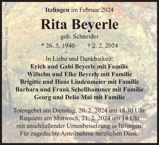 Traueranzeige von Rita Beyerle von Schwäbische Post