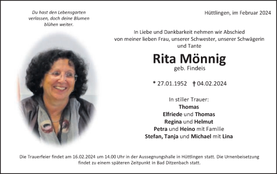 Traueranzeige von Rita Mönnig von Schwäbische Post