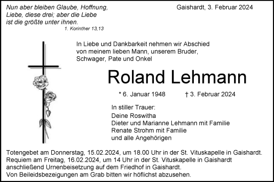 Traueranzeige von Roland Lehmann von Schwäbische Post