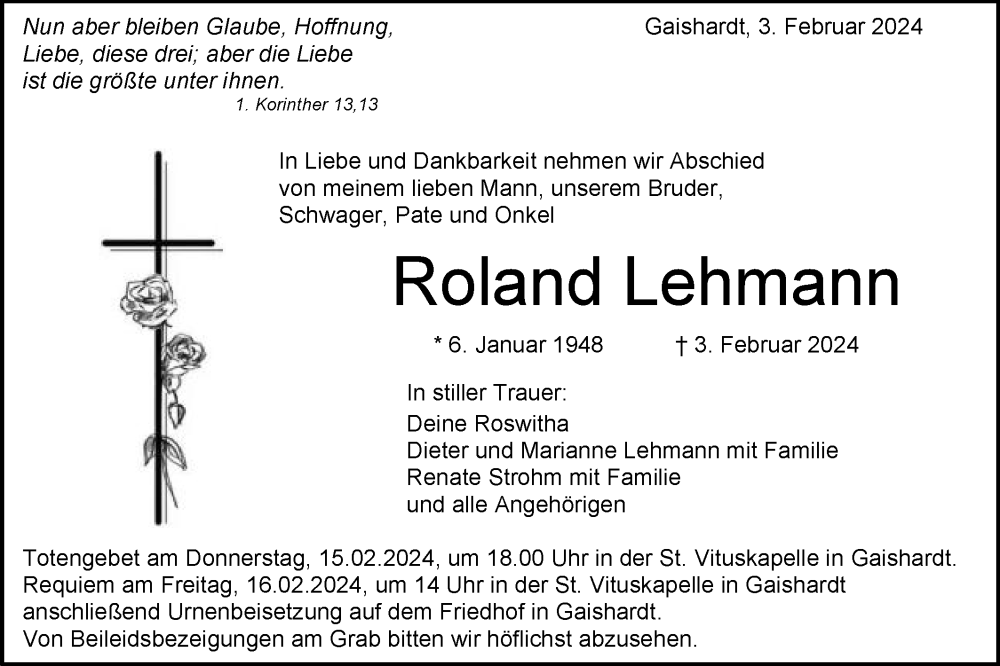  Traueranzeige für Roland Lehmann vom 10.02.2024 aus Schwäbische Post