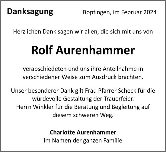 Traueranzeige von Rolf Aurenhammer von Schwäbische Post