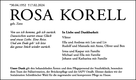 Traueranzeige von Rosa Korell von Gmünder Tagespost