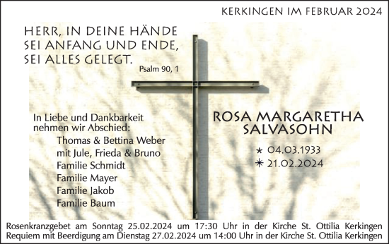 Traueranzeige von Rosa MArgaretha Salvasohn von Schwäbische Post