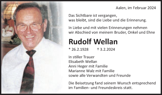 Traueranzeige von Rudolf Wellan von Schwäbische Post