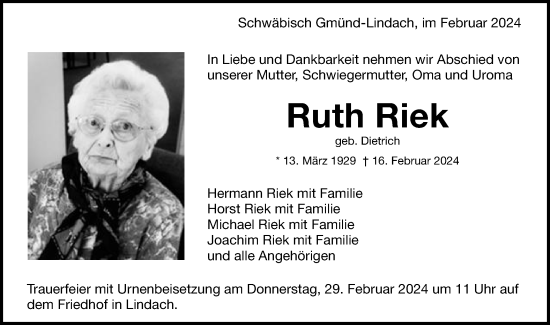 Traueranzeige von Ruth Riek von Gmünder Tagespost